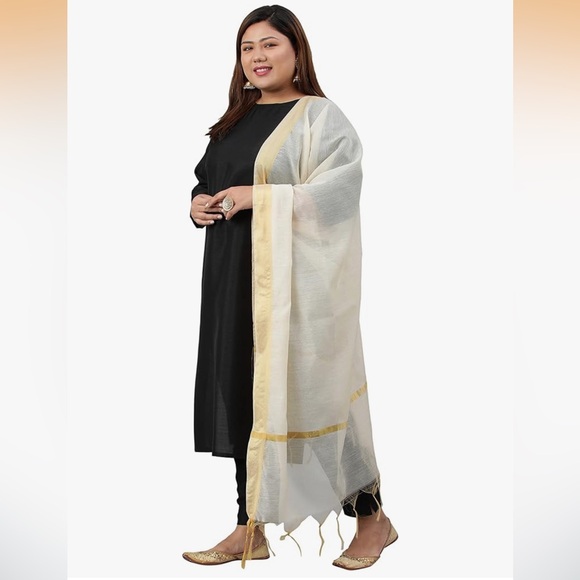 Janasya Elegant Black Kurta with Cream Dupatta - Picture 2 of 7